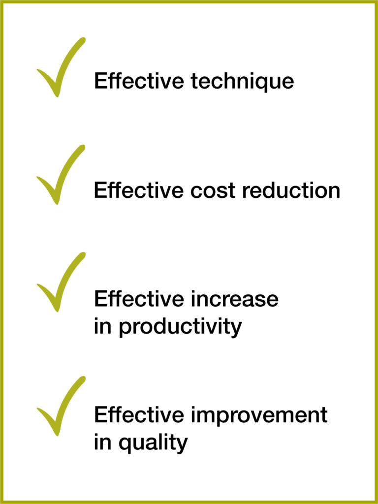 [green checkmark] Effective technique; [green checkmark] effective cost reduction; [green checkmark] effective increase in productivity; [green checkmark] effective improvement in quality